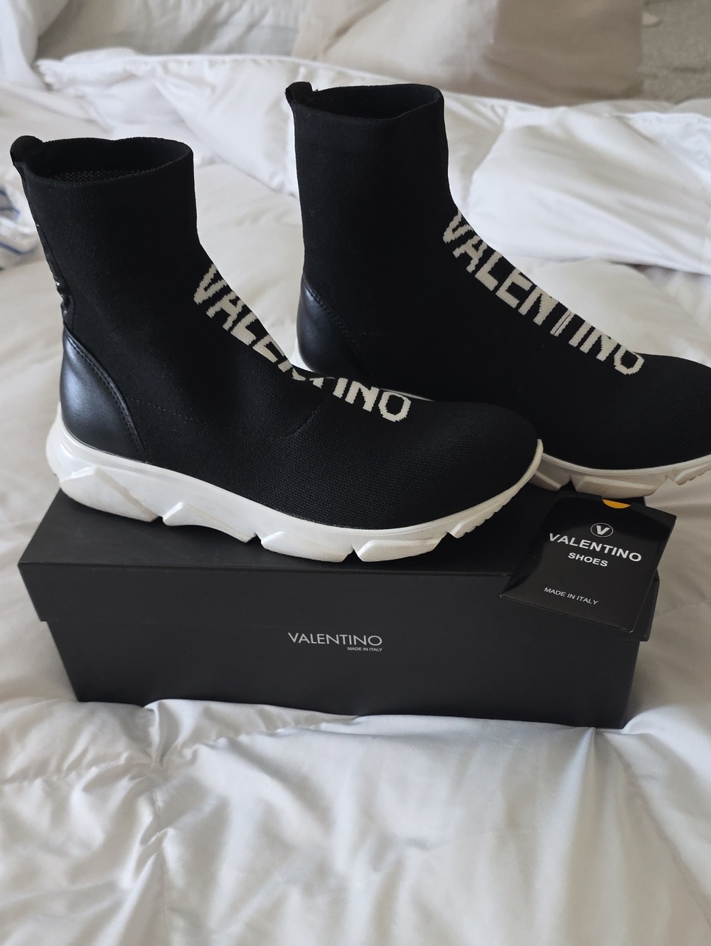 Valentino Black and White Sock Leather-Trim Sneakers